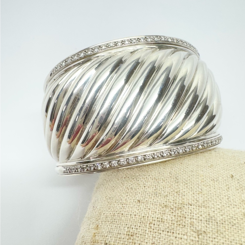 David Yurman Thoroughbred Wide Diamond Cable Cuff Bracelet .925 - Picture 7 of 14